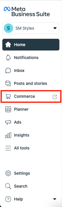 Commerce tab on Meta Business Suite page