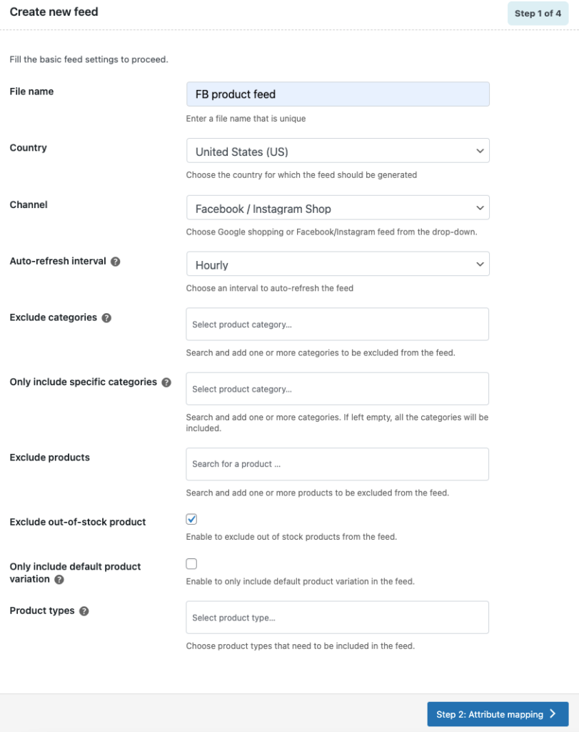 Create new feed for Facebook Shops